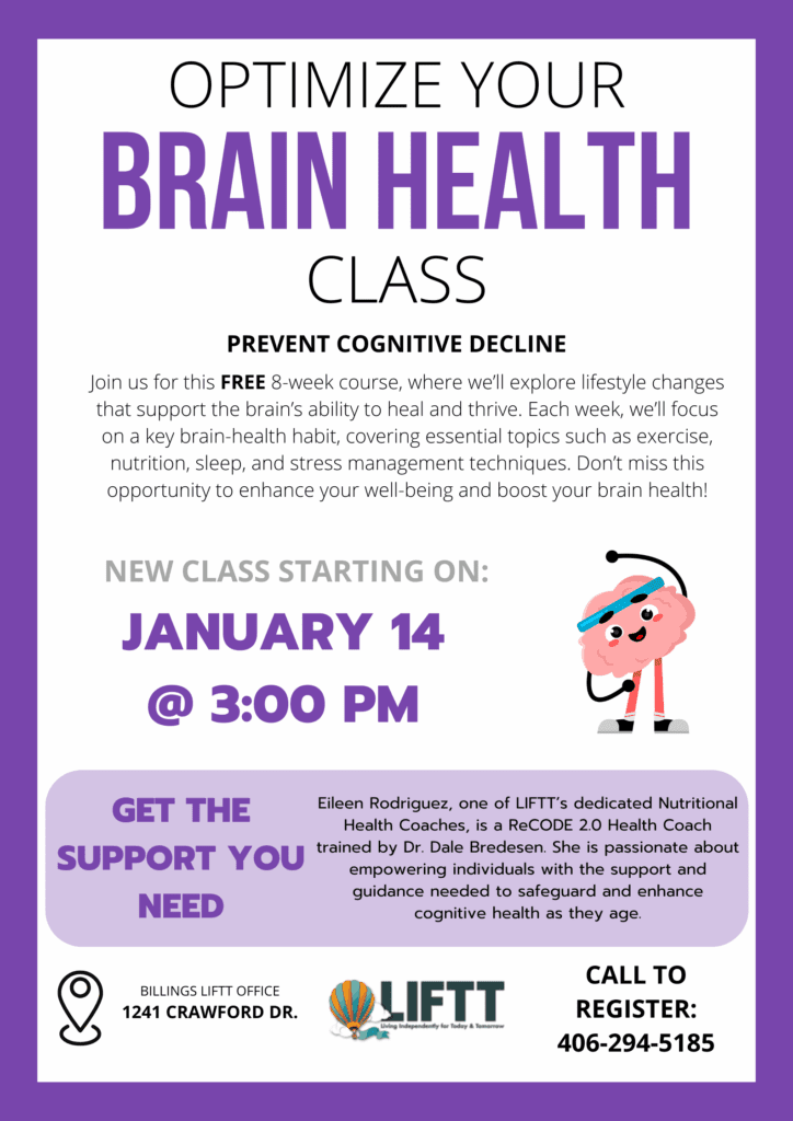 Optimize Your Brain Health Class Starts January 14, 2026, For more information contact Eileen Rodrig…
