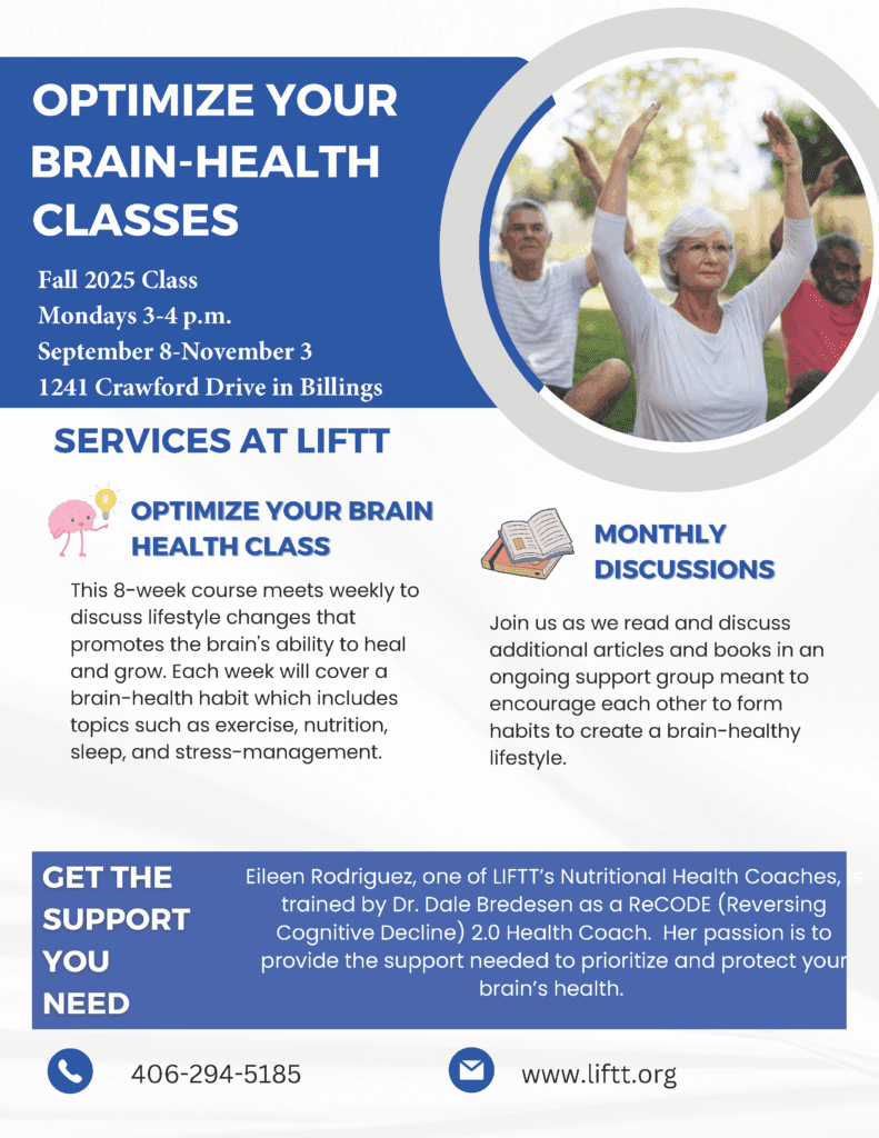 Optimize Your Brain Health Class Starts Monday September 8 and runs each Monday until November 3.