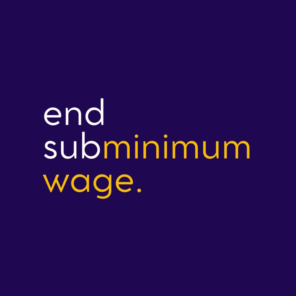 Image: End Subminimum Wage profile picture. A square image with a deep purple background. Lowercase, centered text says