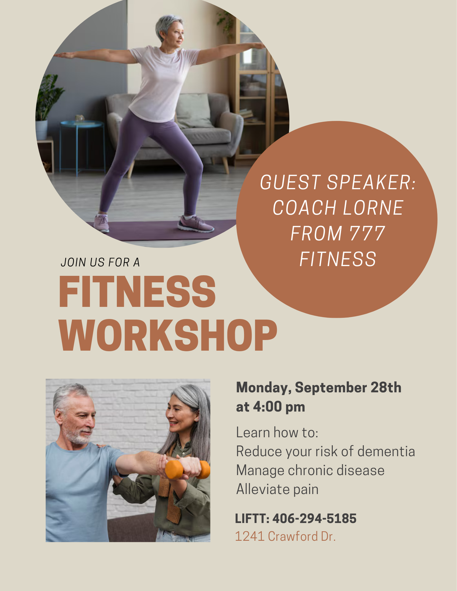 Coach Lorne from 777 Fitness will be our guest presenter when LIFTT holds a Fitness Workshop on Monday September 28, 2026 at 4 p.m. in the Community Room of the Billings LIFTT office at 1241 Crawford Drive.