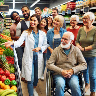 An AI depiction of a multi racial, multi generational, all abilities group touring a supermarket produce section 