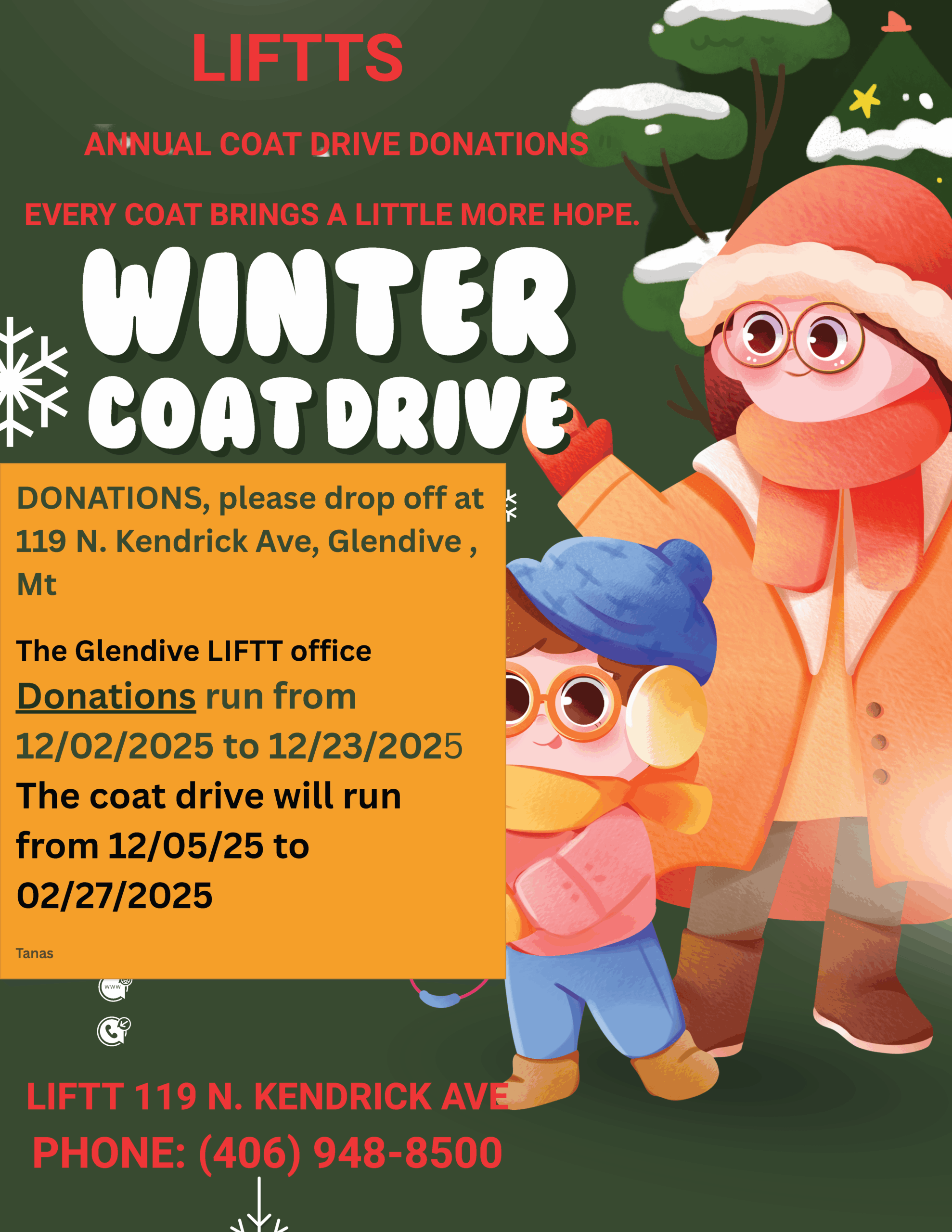 Glendive LIFTT holding Coat Drive through 12/23