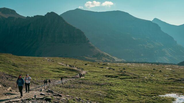 Hikers on the Hidden Lake Overlook Trail near Logan Pass in Glacier National Park, Montana