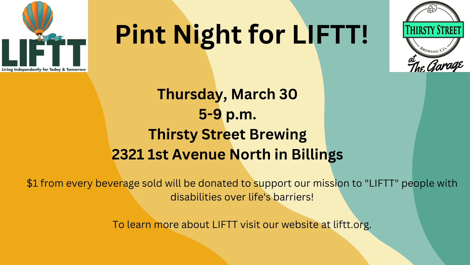 Pint Night for LIFTT March 30 at Thirsty Street in Billings