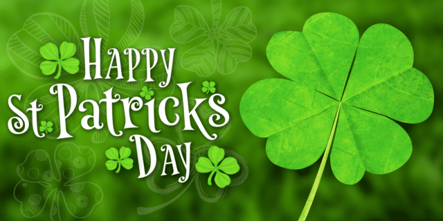 Happy St. Patrick's Day with a large shamrock