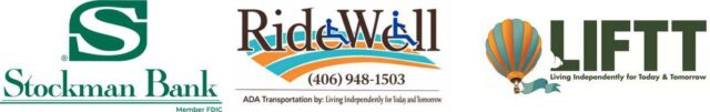 A header featuring the logos for Stockman Bank, RideWell and LIFTT. Stockman bank recently made a contribution in support of RideWell' LIFTT's ADA Accessible Rural Transportation Program