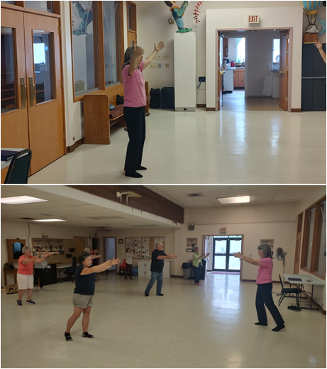 Two Images one an isolated shot of Eileen Rodrigeuz (a white woman wearing a pink tee shirt) showing her Tai Chi class a movement, and a wider shot of Eileen and several class members doing Tai Chi