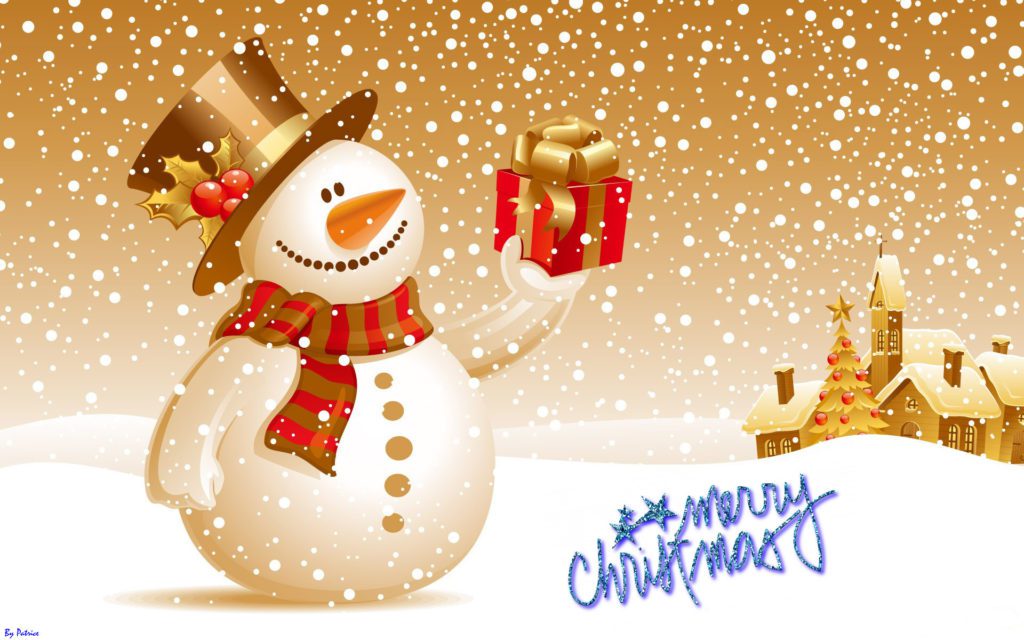 A snowman holding a present wrapped in in Red with a gold bow next to the words Merry Christmas written in blue script